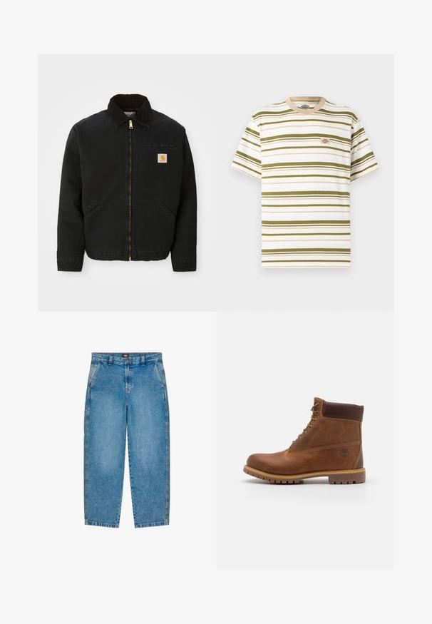 Sort zip-up jakke med brun kordfløjlskrave, to sidelommer og et lille firkantet Carhartt logo patch på venstre bryst.; Hvid t-shirt med korte ærmer med olivengrønne, horisontale striber og et lille rektangulært logopatch på venstre bryst.; Lyseblå denim jeans med lige ben design. Har forlommer, lynlås og kontrastsyninger langs sømmene.; Brun læder vandrestøvle med en glat finish, polstret ankel, metalliske snørehuller og en gummisål med et robust dækmønster.
