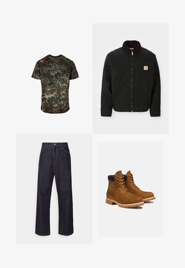 Chaqueta negra con cremallera y cuello de pana marrón, dos bolsillos laterales y un pequeño parche cuadrado con el logo de Carhartt en el lado izquierdo del pecho.; Camiseta de camuflaje hecha de algodón, con un estampado multicolor en verde, marrón y negro. Cuello redondo y mangas cortas.; Jeans de mezclilla de pierna recta en azul oscuro con costuras amarillas, botón delantero, cremallera y diseño de cinco bolsillos.; Botines de ante marrón con un cuello acolchado negro, ojales dorados y suela de goma gruesa con un patrón de tacos para mayor tracción.