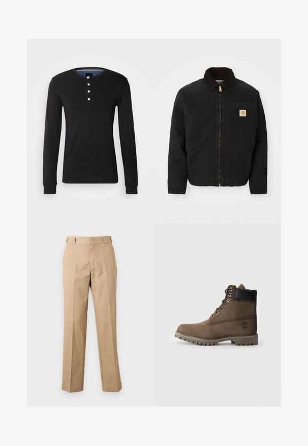 Sort zip-up jakke med brun kordfløjlskrave, to sidelommer og et lille firkantet Carhartt logo patch på venstre bryst.; Sort langærmet skjorte lavet af blødt stof, med rund halsudskæring, knaplukning med hvide knapper og tætsiddende manchetter.; Beige bukser med lige ben, bæltestropper, foran lynlås og pressede slidser, vist mod en hvid baggrund.; Brune læder ankelstøvle med sort krave, metaløjer og slidstærk grå sål. Har logo på siden og syet detaljer.