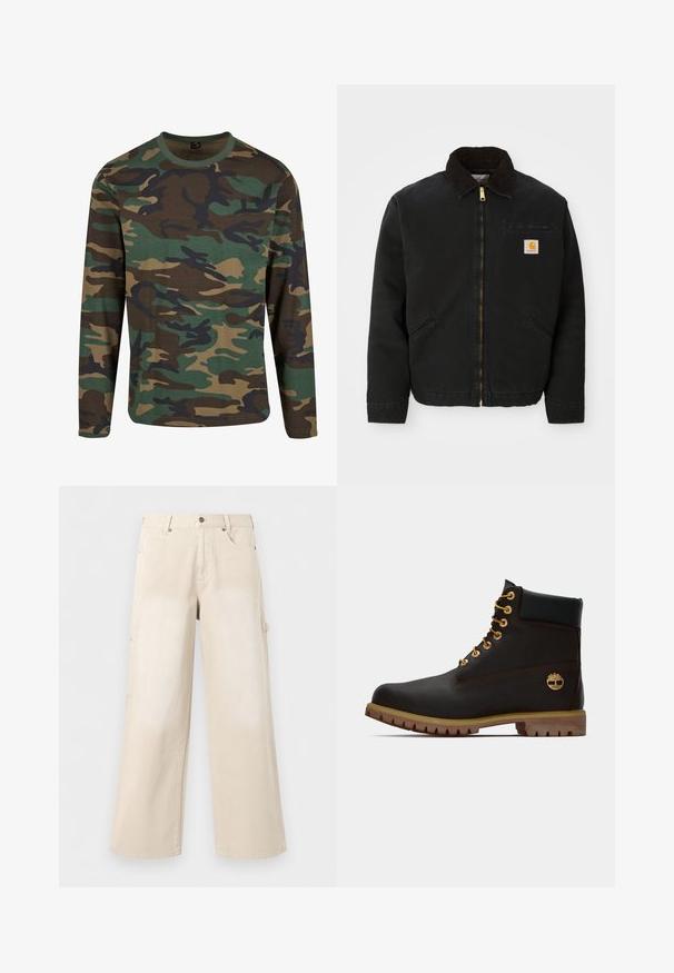 Sort zip-up jakke med brun kordfløjlskrave, to sidelommer og et lille firkantet Carhartt logo patch på venstre bryst.; Langærmet camouflageskjorte i jordfarver; har grønne, brune og sorte mønstre; rund hals; blødt stof; afslappet pasform.; Beige bukser med brede ben, forlommer, knaplukning og bæltestropper, vist mod en ensfarvet hvid baggrund.; Sorte læder ankelstøvle med gyldne øjer, brune detaljer og gummisål. Har en polstret krave og præget logo på siden.