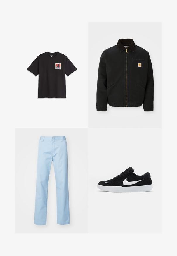 Veste noire à zip avec un col en velours côtelé marron, deux poches latérales et un petit patch carré avec le logo Carhartt sur la poitrine gauche.; T-shirt noir à manches courtes avec col rond et un petit graphique carré d'un voilier sur l'eau contre un ciel rouge sur le côté gauche de la poitrine.; Pantalon droit bleu clair en tissu mélangé de coton. Présente une taille plate à l'avant, des poches latérales et aucun motif ou embellissement visible.; Baskets en suède noires avec accents blancs, dotées d'une pointe arrondie, d'une semelle blanche épaisse et de lacets noirs. Logo Nike blanc bien visible sur le côté.