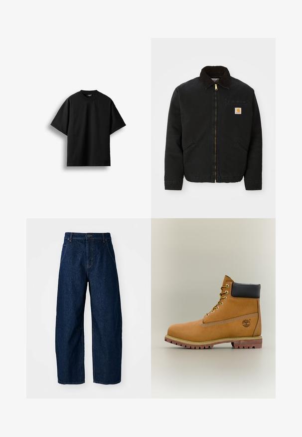 Sort zip-up jakke med brun kordfløjlskrave, to sidelommer og et lille firkantet Carhartt logo patch på venstre bryst.; Sort T-shirt med korte ærmer og rund hals, lagt fladt mod en hvid baggrund med en synlig lille nakkemærke.; Bredde ben mørk denim jeans med høj talje, som har fem lommer, knaplukning foran og synlige syninger.; Brun læderankelstøvle med sort krave, gule snørebånd og tanfarvet sål. Har logo og hvide syninger som detalje. Robust ydersål med greb.
