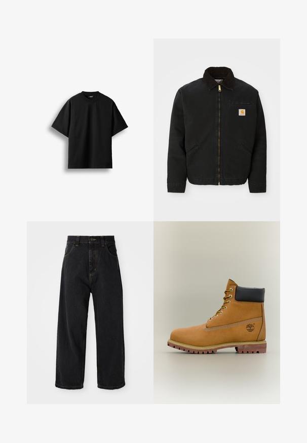 Veste noire à zip avec un col en velours côtelé marron, deux poches latérales et un petit patch carré avec le logo Carhartt sur la poitrine gauche.; T-shirt noir à manches courtes et col rond, présenté à plat sur un fond blanc avec une petite étiquette visible au niveau du col.; Jeans en denim noirs à coupe large avec taille haute, bouton avant, fermeture éclair et surpiqûres jaunes sur les poches et les coutures.; Bottine en cuir marron avec col noir, lacets jaunes et semelle beige. Présente un logo et des détails de couture blanche. Semelle extérieure à traction robuste.