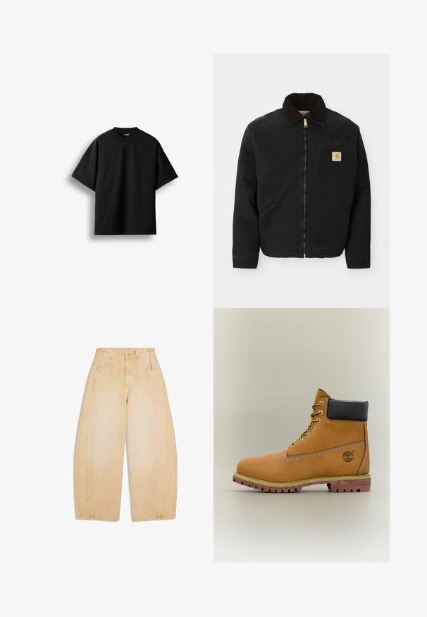 Sort zip-up jakke med brun kordfløjlskrave, to sidelommer og et lille firkantet Carhartt logo patch på venstre bryst.; Sort T-shirt med korte ærmer og rund hals, lagt fladt mod en hvid baggrund med en synlig lille nakkemærke.; Beige vidde cowboybukser med for- og baglommer, bæltestropper, knaplukning og sømdetaljer ved knæ og sider.; Brun læderankelstøvle med sort krave, gule snørebånd og tanfarvet sål. Har logo og hvide syninger som detalje. Robust ydersål med greb.