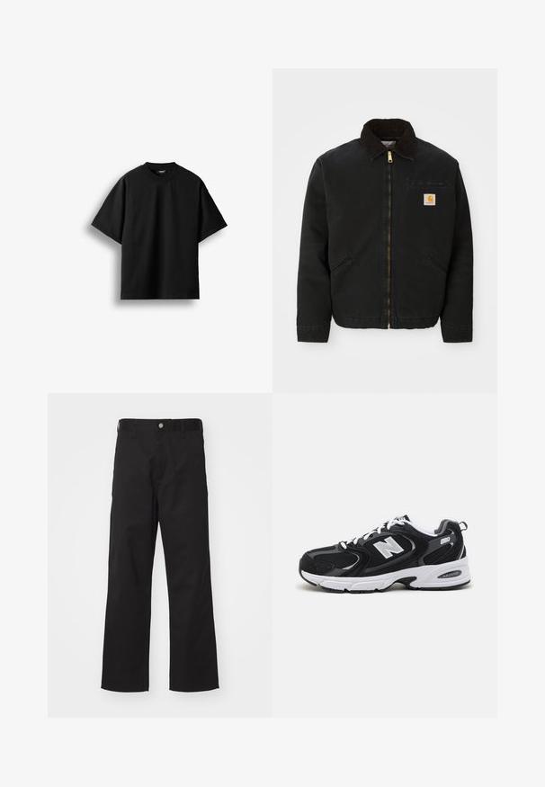 Schwarze zip-up Jacke mit braunem Cordkragen, zwei Seitentaschen und einem kleinen quadratischen Carhartt-Logo-Patch auf der linken Brust.; Schwarzes T-Shirt mit kurzen Ärmeln und Rundhalsausschnitt, flach auf weißem Hintergrund mit sichtbarem kleinem Nackenlabel dargestellt.; Schwarze Hose aus strapazierfähigem Material mit geradem Schnitt, ausgestattet mit einem vorderen Knopfverschluss, Gürtelschlaufen und ohne sichtbare Muster oder Akzente.; Schwarze und graue Sportschuhe mit Obermaterial aus Mesh und Wildleder, ausgestattet mit einer weißen Zwischensohle, Schnürsenkeln und einem markanten "N"-Logo an der Seite.