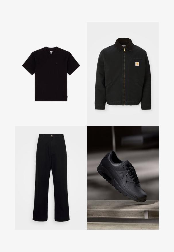 Zwarte ritsjack met een bruine corduroy kraag, twee zijzakken en een klein vierkant Carhartt logo-patch op de linkerborst.; Zwarte katoenen t-shirt met korte mouwen, ronde hals, voorzien van een klein logo label op de borst en een eenvoudig ontwerp zonder patronen of accenten.; Zwarte broek van zwaar materiaal, met een rechte pijp ontwerp, voorzakken, een rits en een enkele metalen knoopsluiting.; Zwarte Nike Air Max sneakers met een bovenwerk van gestructureerd leer, rubberen zool en een opvallend vetersysteem, dat een strakke, moderne uitstraling heeft.