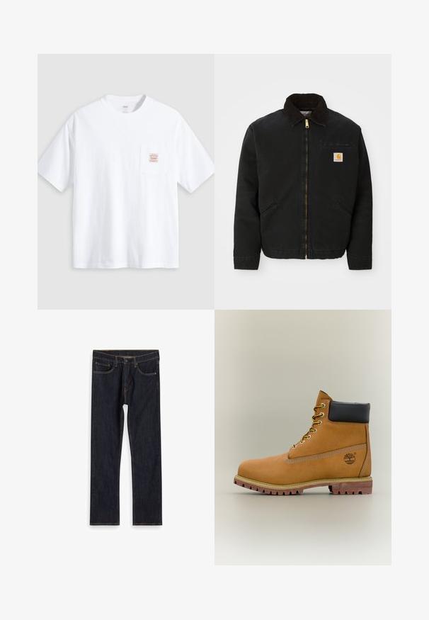 Čierna zipsová bunda s hnedým kordovým golierom, dvoma bočnými vreckami a malou štvorcovou nášivkou s logom Carhartt na ľavej hrudi.; Biele tričko s krátkym rukávom a okrúhlym výstrihom s malou prednou náprsnou kapsou s béžovou a červenou obdĺžnikovou nálepkou.; Tmavomodré džínsové nohavice so všetkými rovnými nohavicami, prednými vreckami, pútkami na opasok a kontrastným oranžovým prešívaním, ležiace na bielom pozadí.; Hnedá kožená členková členková obuv s čiernym golierom, žltými šnúrkami a béžovou podrážkou. Má logo a biele prešívanie. Hrubá podrážka s dobrým záberom.