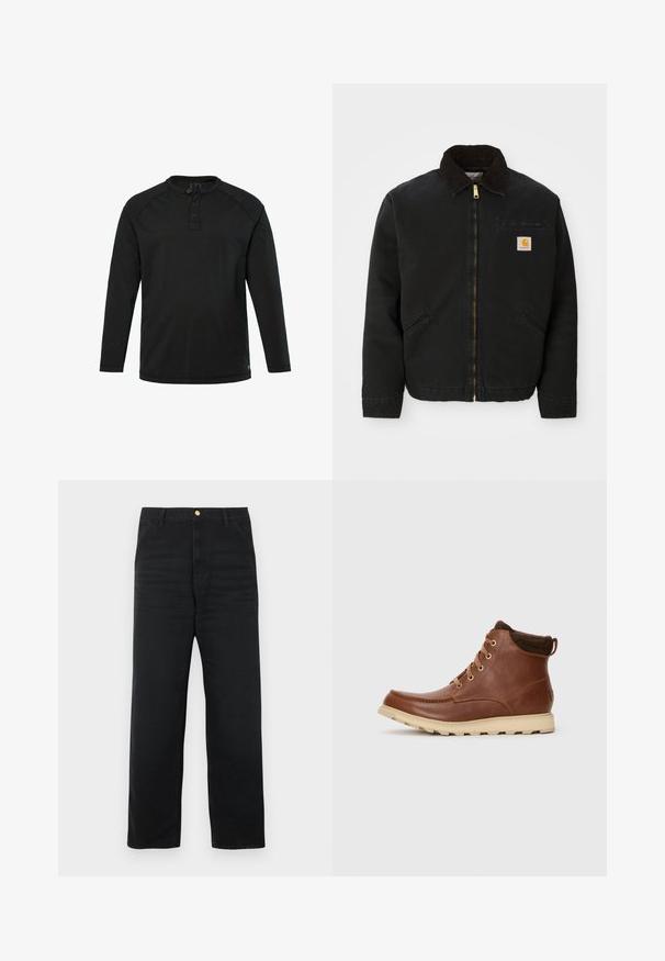 Zwarte ritsjack met een bruine corduroy kraag, twee zijzakken en een klein vierkant Carhartt logo-patch op de linkerborst.; Zwarte lange mouw Henley-shirt met drie knopen en een ronde hals, eenvoudig design en rechte zoom.; Zwarte denim broek met een rechte pijp, voorzien van een knoopsluiting aan de voorkant, twee zijzakken en een subtiele structuur.; Bruine leren enkelboot met vetersluiting en beige zool, voorzien van een gevoerde kraag, ontworpen voor waterdichte draagbaarheid.