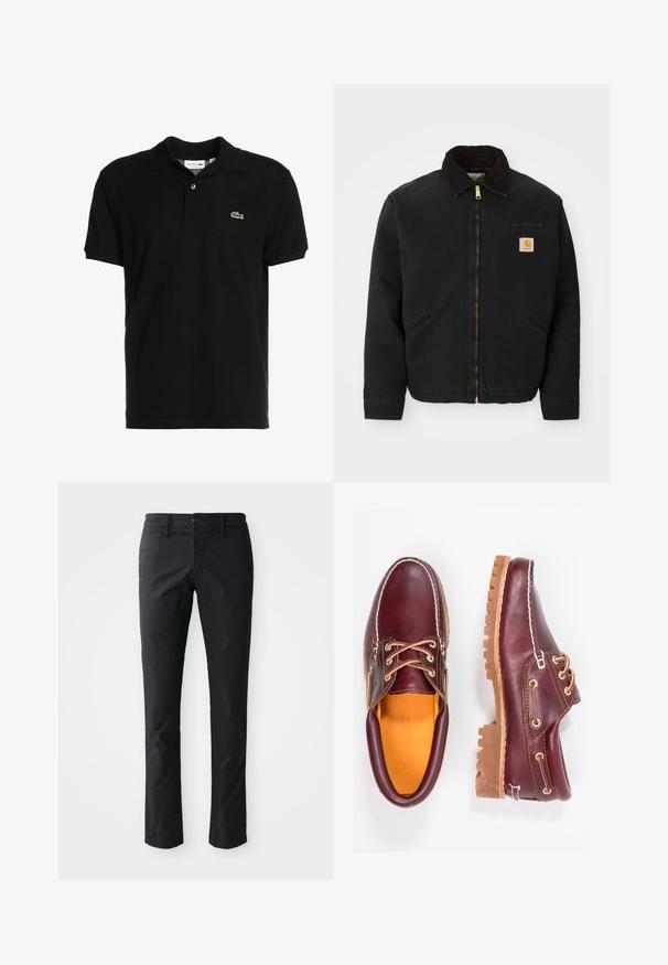 Čierna zipsová bunda s hnedým kordovým golierom, dvoma bočnými vreckami a malou štvorcovou nášivkou s logom Carhartt na ľavej hrudi.; Čierna polokošeľa z bavlneného materiálu, s klasickým golierom, krátkymi rukávmi a malým zeleným logom Lacoste na ľavej hrudi.; Čierne nohavice s rovnými nohavicami vyrobené z hladkej látky s jedným gombíkom a pútkami na opasok. Minimalistický dizajn bez viditeľných vzorov.; Bordové kožené topánky s hnedými gumovými podrážkami, okrúhlou špičkou, bielym prešívaním a zlatými kovaniami. Interiér má žlté podšívku.