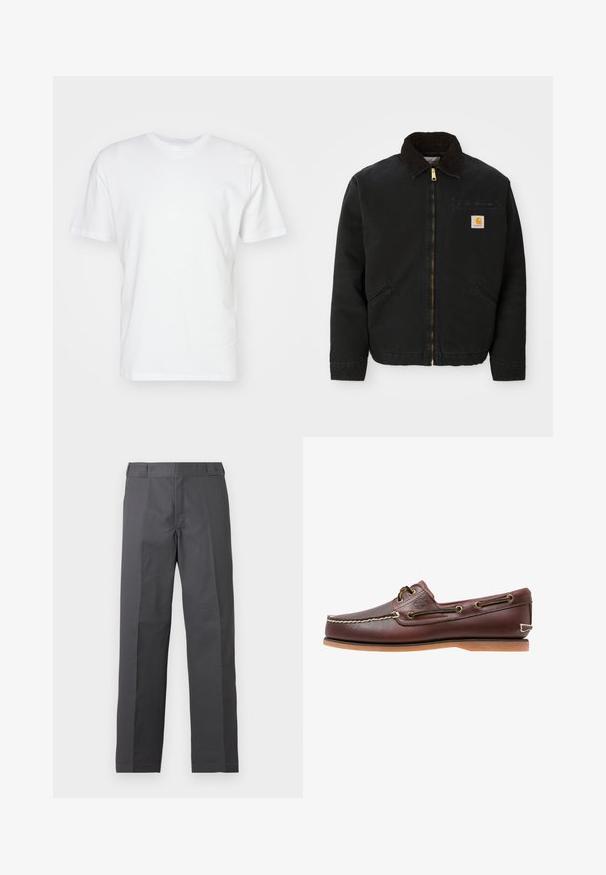 Veste noire à zip avec un col en velours côtelé marron, deux poches latérales et un petit patch carré avec le logo Carhartt sur la poitrine gauche.; T-shirt en coton blanc à manches courtes, encolure ronde et texture lisse. Design simple sans motifs ni graphiques.; Pantalon gris foncé à jambes droites avec un devant plat et sans poches visibles, présenté sur un fond blanc uni.; Chaussure bateau en cuir marron avec coutures blanches, détails de lacets et semelle en caoutchouc beige, vue de côté sur fond blanc.