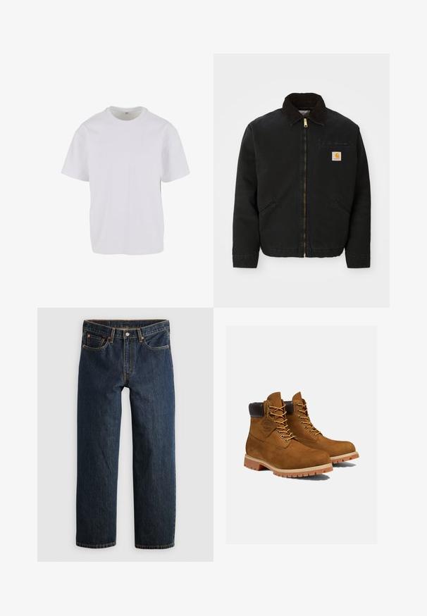 Sort zip-up jakke med brun kordfløjlskrave, to sidelommer og et lille firkantet Carhartt logo patch på venstre bryst.; Hvid T-shirt med korteærmer lavet af blødt bomuld, med rund halsudskæring og en afslappet pasform med lige kant. Ingen mønstre eller detaljer synlige.; Mørkeblå denimjeans med en lige ben-snit. Har fem lommer, kontrastsyning og knaplukning i taljen.; Brune ruskinds ankelstøvler med en polstret sort krave, gyldne snørehuller og en tyk gummisål med en mønster, der giver godt greb.