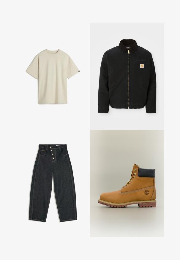 Sort zip-up jakke med brun kordfløjlskrave, to sidelommer og et lille firkantet Carhartt logo patch på venstre bryst.; Beige bomulds T-shirt med korte ærmer, rund halsudskæring og et lille hvidt logo på brystet. Glat tekstur med en afslappet pasform.; Sort, højtaljede cowboybukser i denim med vide ben, fire knapper foran, forlommer med nitter og kontrastsyning.; Brun læderankelstøvle med sort krave, gule snørebånd og tanfarvet sål. Har logo og hvide syninger som detalje. Robust ydersål med greb.