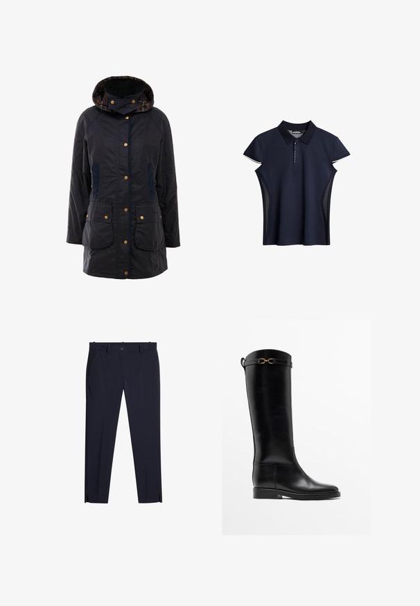 Veste d'extérieur bleu marine avec capuche, boutons pressions dorés, deux poches avant et doublure à carreaux contrastés. Elle présente une texture lisse et une coupe ajustée.; Polo shirt bleu marine avec un col, des manches courtes, et des panneaux latéraux en maille ; possède un plastron à boutons et des finitions contrastées.; Pantalons slim-fit bleu marine foncé pour hommes avec passants de ceinture, poches avant, fermeture à glissière et petites fentes sur le devant des jambes à l'ourlet.; Botte haute en cuir noir avec un petit talon et un détail de boucle dorée près du haut, montrée de profil sur fond blanc.