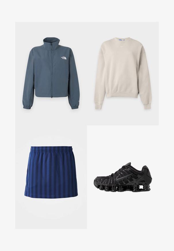 Blå jakke med fuld lynlås, høj krave, elastiske manchetter og hvidt The North Face-logo på venstre bryst.; Lysebeige Nike crewneck sweatshirt med lange ærmer, ribstrikkede manchetter og kant samt et lille hvidt Nike swoosh-logo på brystet.; Mørkeblå nederdel med lodrette striber, elastisk talje, længde til midten af låret, lavet af letvægtsstof, glat tekstur.; Sort atletisk sko med mesh-overdel og glatte overlays. Har buet spiralbøsningsdæmpning og strukturerede linjer på siden. Nike-logoet er synligt.