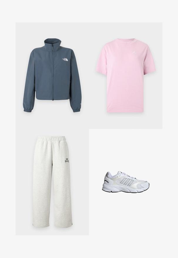 Chaqueta azul con cremallera completa, cuello alto, puños elásticos y logo blanco de The North Face en el pecho izquierdo.; Camiseta rosa claro de manga corta y cuello redondo con pequeño logo Jumpman blanco en el pecho izquierdo sobre fondo liso.; Pantalones deportivos gris claro hechos de material suave, con una cintura elástica y un pequeño logo negro de "New Balance" en el costado.; Zapato deportivo blanco con malla transpirable y materiales sintéticos, tres franjas plateadas, suela de caucho texturizada y cuello acolchado.