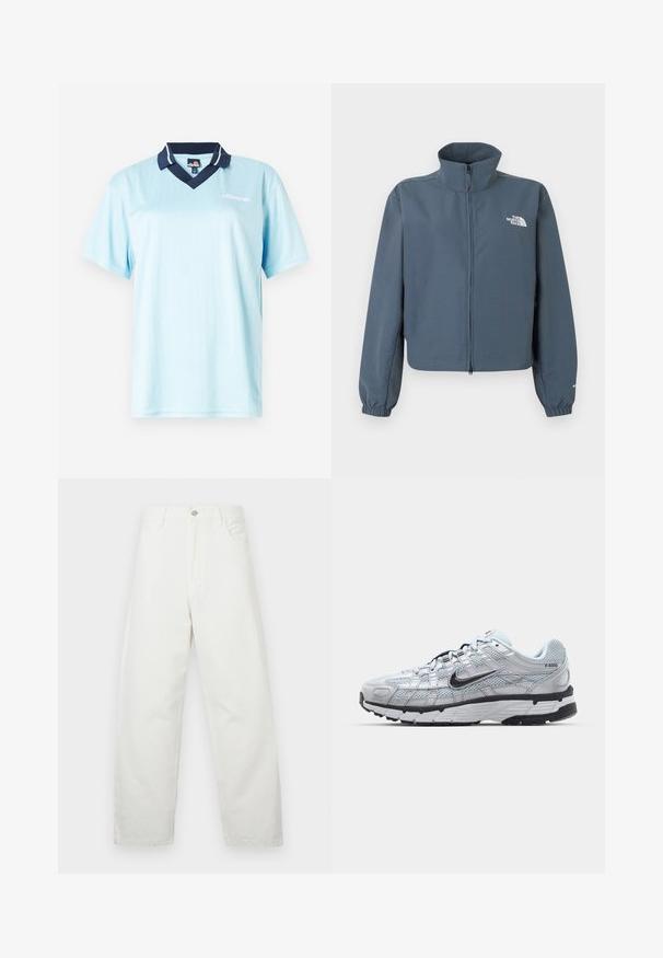 Veste bleue à fermeture éclair intégrale avec col montant, poignets élastiques et logo blanc The North Face sur le côté gauche de la poitrine.; Polo bleu clair à manches courtes avec un col navy. Rayures verticales et logo en accent à l'avant. Tissu lisse et léger.; Jean blanc à jambes larges en coton, avec un design classique à cinq poches et une fermeture à bouton métallique à la taille. Texture lisse.; Baskets Nike P-6000 avec une tige en mesh gris clair, des accents noirs et une semelle en caoutchouc noir durable. Présente un design complexe et un système de laçage.
