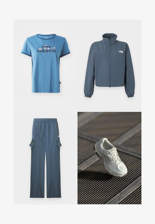 Modrá bunda na zips s vysokým golierom, elastickými manžetami a bielym logom The North Face na ľavej strane hrudníka.; Modrá bavlnená tričko s krátkymi rukávmi, námorníckym lemovaním, s nápisom "new balance" a kvetinovými vzormi v bielej a žltej farbe na prednej strane.; Tmavomodré široké cargo nohavice s elastickým pásom a klopovými vreckami na bokoch, s logom značky na hornej časti stehna.; Biele bežecké tenisky Nike s vrchom z mesh a syntetického materiálu ležiace na kovovej mriežke na podlahe v mäkkom prirodzenom svetle.