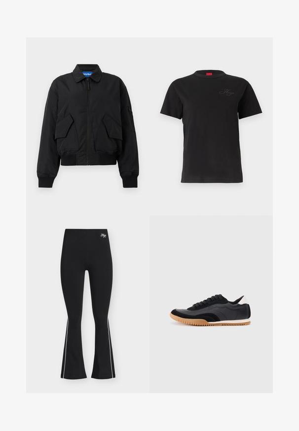 Veste bomber noire à fermeture éclair avec deux grandes poches à rabat à l'avant, poignets et ourlet côtelés, et une petite poche zippée sur la manche gauche.; T-shirt noir à manches courtes avec col rond et petit logo "Hugo" brodé discrètement sur la poitrine côté gauche.; Pantalon noir évasé avec des bandes blanches sur les côtés et le logo "Hugo" brodé près de la taille haute, présenté sur un fond clair.; Chaussures de sport noires et grises en matériaux synthétiques, avec un embout noir texturé, une semelle en caoutchouc rainurée et un accent blanc au talon.