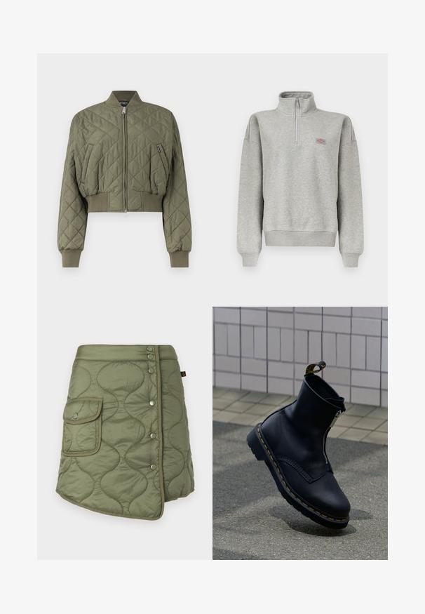 Olivengrøn quiltet bomberjakke med ribbet krave, manchetter og kant, lynlås foran og skrå sidelommer.; Lysegrå sweatshirt med kvart-lynlås, ribkant ved ærmer og kant, med en lille flerfarvet logopatch på venstre bryst.; Quiltet olivengrøn nederdel med en omslagdesign, der har en sidelomme, trykknapper og en glat, let blank tekstur.; Sort læderankelstøvle med lynlås i siden, tekstureret overflade, gule syninger som accent og en gummisål.