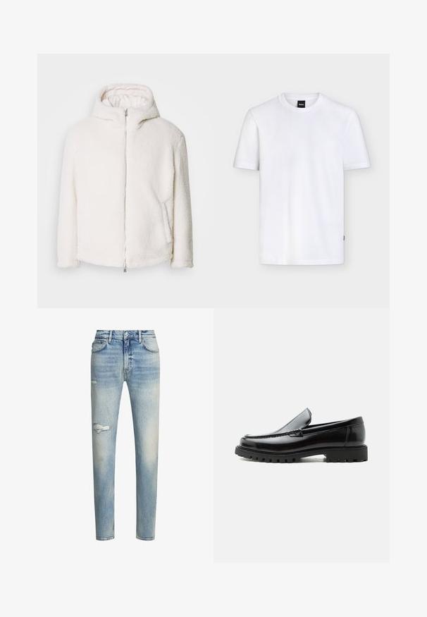 Chaqueta de piel sintética blanca con capucha, cremallera frontal completa y bolsillos laterales. Presenta una superficie suave y texturizada con un corte recto.; Camiseta blanca lisa de manga corta y cuello redondo con una pequeña etiqueta negra de la marca en el cuello y una textura sutil en la tela.; Jeans de mezclilla azul claro avec un acabado desgastado, detalle de rodilla rasgada, corte recto y estilo de cinco bolsillos. Incluye presillas para el cinturón clásicas.; Mocasín de cuero negro con suela de goma gruesa, empeine cosido y nombre de la marca en relieve en el talón, mostrado en perfil lateral sobre fondo blanco.