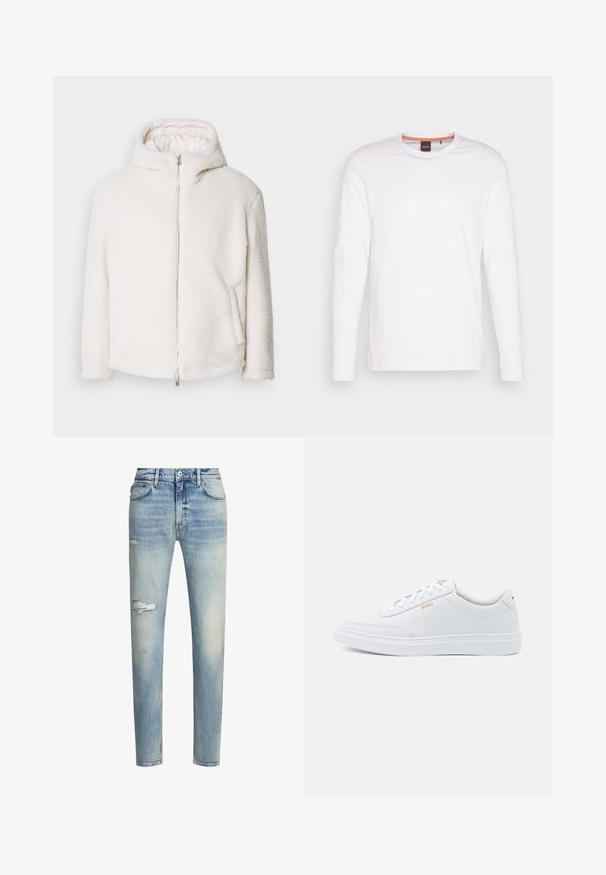 Chaqueta de piel sintética blanca con capucha, cremallera frontal completa y bolsillos laterales. Presenta una superficie suave y texturizada con un corte recto.; Camiseta de manga larga blanca de algodón. Presenta un cuello redondo y un pequeño logo en relieve en el lado izquierdo del pecho. Textura suave.; Jeans de mezclilla azul claro avec un acabado desgastado, detalle de rodilla rasgada, corte recto y estilo de cinco bolsillos. Incluye presillas para el cinturón clásicas.; Zapatillas de cuero blanco con textura suave, puntera redondeada y costuras tonales. Cuentan con cordones azules y un logo dorado en el lateral.