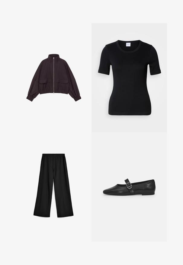 Gekürzte schwarze Jacke mit hohem Kragen, Frontreißverschluss und elastischen Bündchen. Verfügt über zwei Vordertaschen und einen glatten, strukturierten Stoff.; Schwarzes kurzärmeliges T-Shirt aus weicher Baumwolle. Verfügt über einen runden Ausschnitt und eine schlanke Passform mit minimalen Nahtdetails.; Schwarze, weit geschnittene Hose aus weichem, dehnbarem Stoff. Elastischer Bund mit Taschen an den Seiten. Klare Linien und glatte Oberfläche.; Schwarzer Lederflatschuh mit runder Zehenform, einem verstellbaren Schnallenriemen und einer glatten, glänzenden Oberfläche. Minimalistisches Design mit einem niedrigen Absatz.