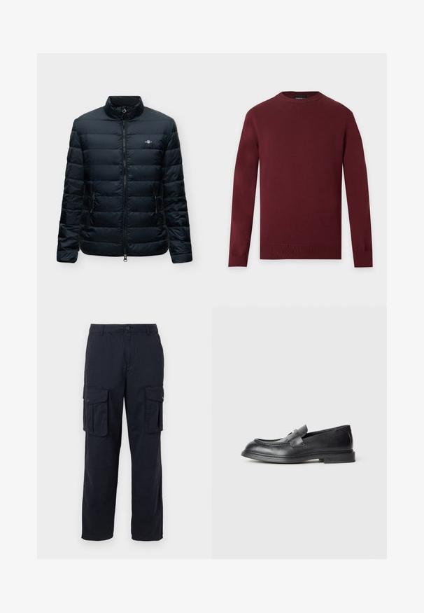 Veste matelassée noire zippée avec col montant, deux poches latérales zippées et petit logo poitrine sur le côté gauche.; Pull bordeaux à manches longues et col rond, avec poignets et ourlet côtelés, présenté sur un fond uni gris clair.; Pantalon cargo bleu marine avec poches à rabat boutonnées sur les deux cuisses et fermeture boutonnée à la taille.; Mocassins en cuir noir avec une finition texturée, dotés d'une bride décorative à l'avant et d'un bout arrondi. Semelle en caoutchouc pour plus de durabilité.
