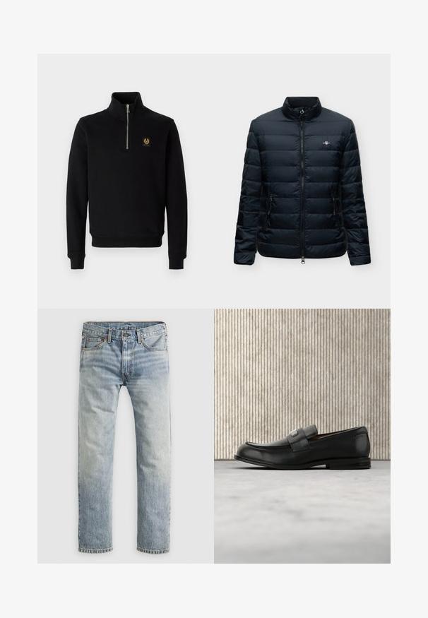 Sort quiltet jakke med lynlås og ståkrave, to lynlåslommer i siden og lille brystlogo på venstre side.; Sort, lynlåset sweatshirt lavet af en bomuldsblanding, med høj krave, ribbede manchetter og et guld logo-patch på brystet.; Lysblå lige ben denimjeans med knaplukning, forlommer og løkker til bælte, vist fladt på hvid baggrund.; Sort læderloafer med metalbrandskilt hvilende nær et brunt rundt bord på beige tæppe.