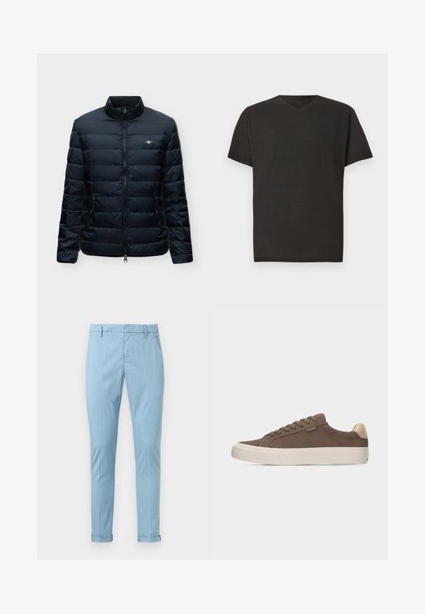 Veste matelassée noire zippée avec col montant, deux poches latérales zippées et petit logo poitrine sur le côté gauche.; T-shirt noir à col en V, fabriqué en tissu léger, avec des manches courtes et une coupe décontractée, présentant une texture lisse sans motifs visibles.; Pantalon bleu clair ajusté avec passants de ceinture, poches latérales et revers roulés sur fond blanc.; Baskets basses marron avec languette de talon beige, semelle épaisse blanche et lacets marron assortis sur un fond uni.