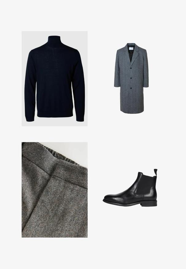 Grå hørfiskebensmønstret uldfrakke med skræddersyet design, notch-lapel, tre knapper og en glat sort foring. Længde til midten af låret.; Marineblå sweater med høj hals, lange ærmer, ribbede manchetter og kant, lavet af blødt stof med en glat tekstur og minimalistisk design.; Grå uldblandingsbukser med en glat tekstur, der har en bred talje og en ren, klassisk pasform. Subtile farveprikker er til stede.; Sorte læder Chelsea støvler med elastiske paneler, en rund tå, forstærkede syninger og en lav gummisål. Glat tekstur og elegant design.