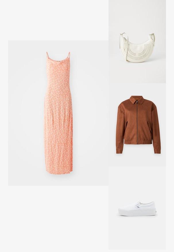Veste zippée en daim marron avec un col, des manches longues, un ourlet élastique et des poches à rabat de chaque côté sur un fond blanc.; Robe maxi en doux mélange de coton, de couleur orange clair avec un motif floral blanc, à fines bretelles et à la silhouette ajustée.; Sneakers slip-on Vans blanches avec une semelle épaisse et une discrète étiquette logo sur le côté, présentées de profil sur un fond clair.; Sac à épaule en simili cuir blanc vegan avec un design circulaire perforé, une bandoulière réglable et un logo gravé à l'avant. Fermeture éclair en haut.