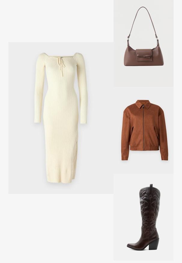 Braune Wildleder-Jacke mit Reißverschluss, Kragen, langen Ärmeln, elastischem Saum und Klapptaschen auf jeder Seite vor weißem Hintergrund.; Gestreiftes, langärmliges Kleid in Creme mit quadratischem Ausschnitt und verstellbarem Kordelzugdetail vorne. Figurbetonter Schnitt mit seitlichem Schlitz.; Hoher dunkelbrauner Leder-Cowboystiefel mit gestickten dekorativen Mustern, spitzer Spitze und gestapeltem Blockabsatz.; Braune Leder-Umhängetasche mit einer vorderen Klappentasche, die ein gestepptes Schleifendetail und einen verstellbaren Riemen aufweist.