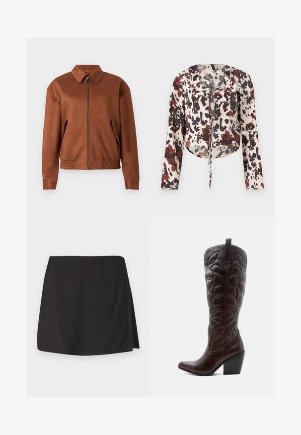 Chaqueta de ante marrón con cremallera, cuello, mangas largas, bajo elástico y bolsillos con solapa a cada lado, sobre un fondo blanco.; Blusa corta con cordón, que presenta una base beige y un estampado abstracto en marrón y rojo. Mangas largas y un tejido suave y texturizado.; Falda negra de tejido suave, con un corte recto y una abertura en un lado. Diseño sencillo sin patrones ni adornos.; Bota vaquera alta de cuero marrón oscuro con patrones decorativos cosidos, punta puntiaguda y tacón de bloque apilado.