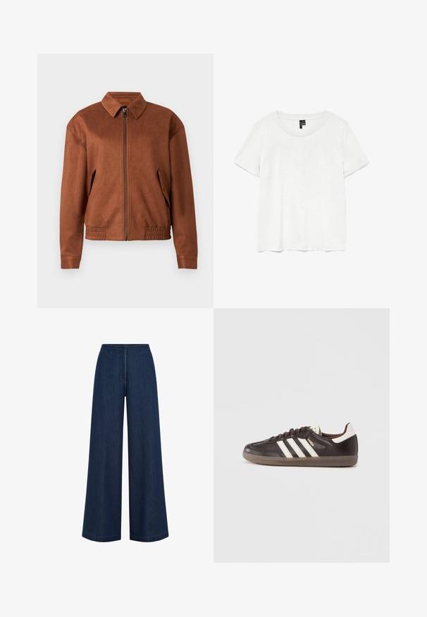 Chaqueta de ante marrón con cremallera, cuello, mangas largas, bajo elástico y bolsillos con solapa a cada lado, sobre un fondo blanco.; Camiseta blanca de manga corta con un cuello redondo, hecha de tejido ligero. Diseño simple, textura suave y dobladillo recto.; Jeans de pierna ancha de color azul oscuro con corte recto, hechos de denim. Presentan una cintura alta y un sutil detalle de costura. Sin hardware visible.; Zapatillas deportivas de cuero marrón oscuro con diseño de tres franjas blancas, suela de goma y la palabra "Samba" en letras doradas en el lateral. Forma clásica de corte bajo.