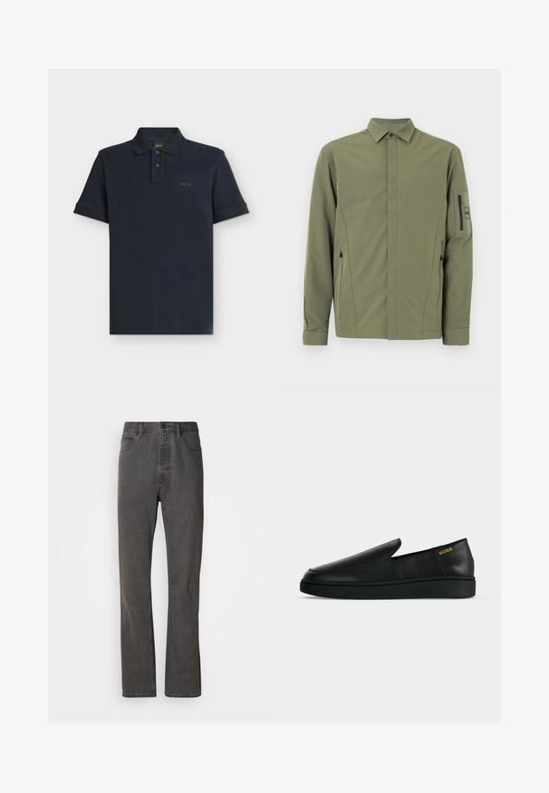 Veste vert olive avec un col boutonné, deux poches latérales zippées et une poche zippée sur la manche. Tissu lisse et léger avec une coupe moderne.; Polo bleu marine à manches courtes avec patte de boutonnage deux boutons et logo discret "BOSS" sur la poitrine gauche.; Jeans en denim gris avec une coupe droite, dotés de poches avant, d'une fermeture à bouton et d'une texture subtile.; Chaussure noire en cuir à enfiler avec semelle épaisse et marquage "HUGO" en or près du talon sur un fond uni gris clair.