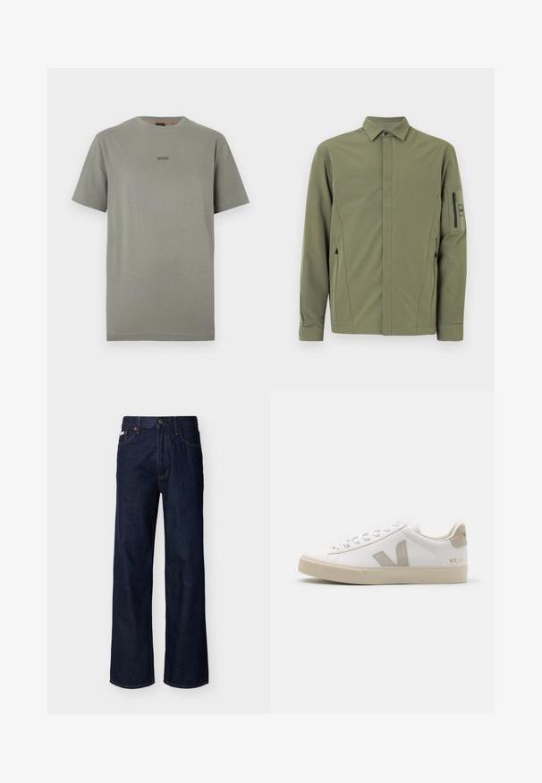 Veste vert olive avec un col boutonné, deux poches latérales zippées et une poche zippée sur la manche. Tissu lisse et léger avec une coupe moderne.; T-shirt en coton gris à manches courtes et col rond. Présente un logo "BOSS" discret dans une teinte plus foncée sur la poitrine.; Jean droit en denim bleu foncé avec design à cinq poches et fermeture par boutons, présenté sur un fond clair uni.; Baskets en cuir blanc avec des accents beiges, semelle plate en caoutchouc, bout rond et logo contrastant sur le côté et à l'arrière. Design à lacets.