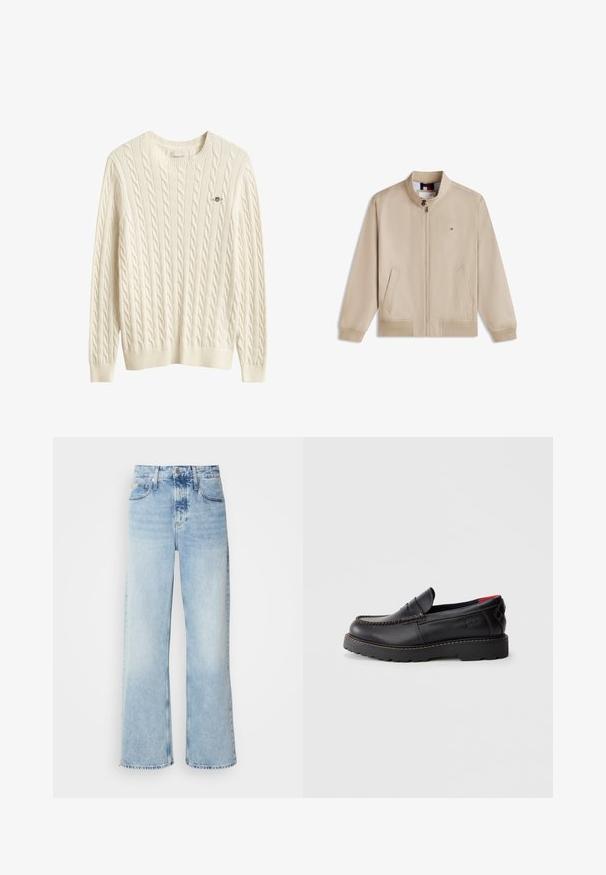 Beige jakke med lynlås og opretstående krave, to forlommer, lange ærmer og lille rektangulært logo på venstre bryst.; Kremfarvet kabelstrikket sweater med lange ærmer, rund hals og lille broderet logo på venstre bryst.; Lysblå vide jeans med høj talje, der har en falmet finish, bæltestropper og klassisk fem-lomme design. Kantene er rå.; Sorte læderslippersko med mokkastoftning, gummisål og en struktureret overflade. Har subtil branding på siden.