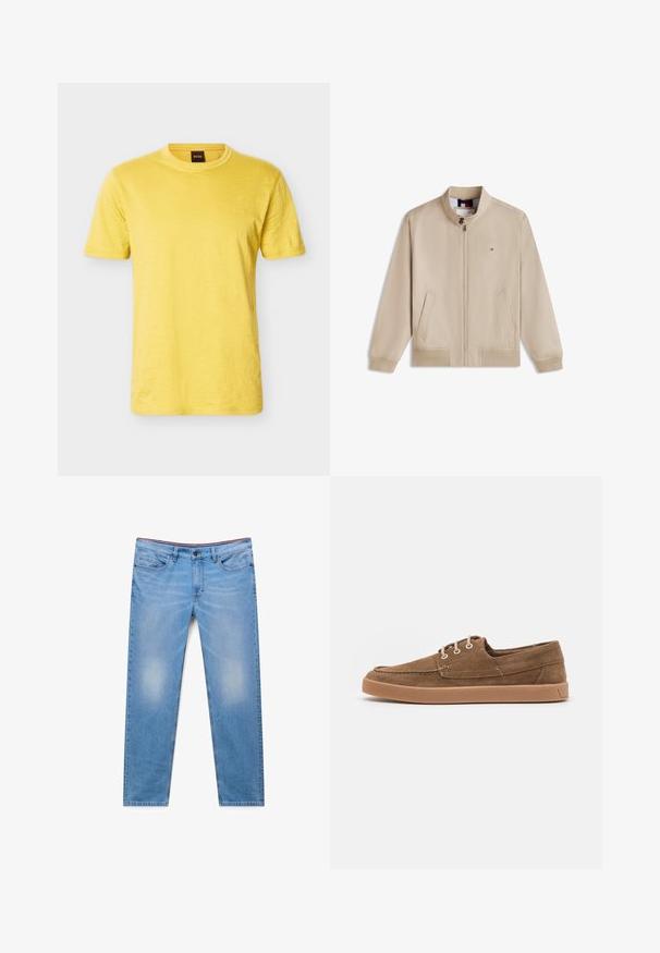 Veste beige zippée avec col montant, deux poches avant, manches longues, et petit logo rectangulaire sur la partie gauche de la poitrine.; T-shirt jaune à manches courtes et col rond avec un logo BOSS discret sur la poitrine gauche et une étiquette de col noire.; Jean en denim bleu clair avec bouton devant, cinq poches et délavage subtil sur les cuisses, posé à plat sur fond blanc.; Chaussures décontractées en suède marron avec une silhouette basse, un design à lacets et une semelle en caoutchouc beige. Présente des œillets blancs et des coutures le long des bords.