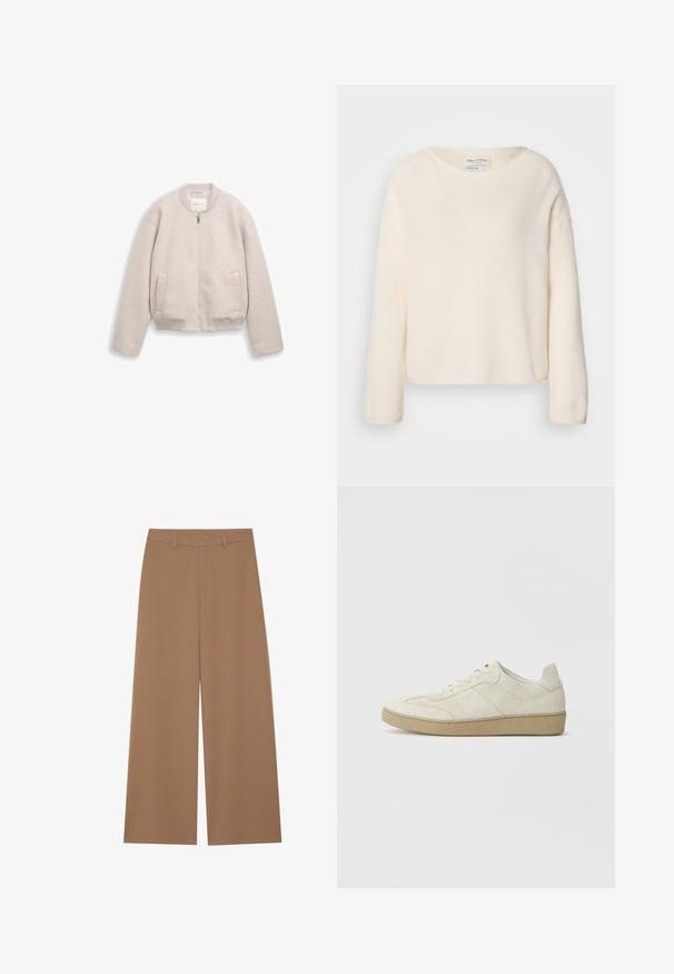Lysebeige lynlåstrøje med ribkant ved krave, manchetter og bund, der har to forlommer og et blødt tekstureret stof.; Kremfarvet sweater med rund halsudskæring, sænkede skuldre og lange ærmer. Blødt, tekstureret stof med en let cropped pasform.; Vide benbukser i en ensfarvet brun farve, lavet af et tekstureret stof; har høj talje og struktureret design med bæltestropper.; Beige ruskind sneakers med et struktureret design, flad gummisål og karakteristisk sidesyning. Rund tå og polstret krave.