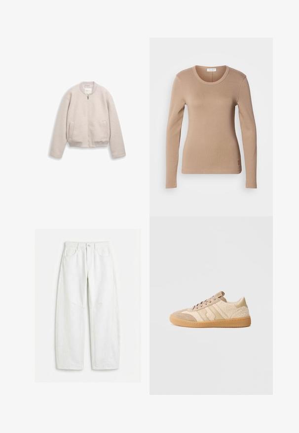 Veste beige clair zippée avec col, poignets et ourlet côtelés, dotée de deux poches devant et d'un tissu doux et texturé.; Haut à manches longues en beige clair, avec un col rond et une coupe slim. Fabriqué en tissu doux et extensible avec une texture subtile. Détail du logo sur l'ourlet.; Jean blanc à jambes droites avec poches avant, passants pour ceinture, fermeture par bouton et détails de coutures visibles.; Baskets beiges combinant du daim et un tissu texturé, avec une semelle en gomme et des rayures beiges contrastantes. Bout rond et design à lacets.