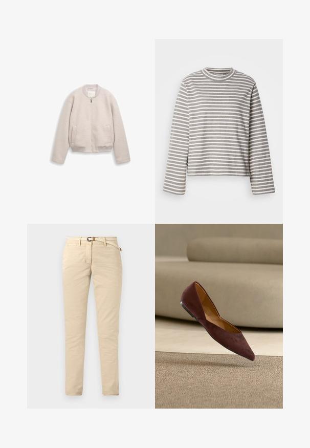 Lysebeige lynlåstrøje med ribkant ved krave, manchetter og bund, der har to forlommer og et blødt tekstureret stof.; Ribbet langærmet bluse i lys grå og hvid, med rund halsudskæring og en afslappet pasform. Stoffet føles blødt og har en let tekstureret overflade.; Beige chinos lavet af bomuld med en glat tekstur, der har et vævet bælte og standardlommer. Slim fit med lige ben.; Mørkebrune ruskinds flade sko med spids tå, svævende over beige tæppe med en beige sofa i baggrunden.