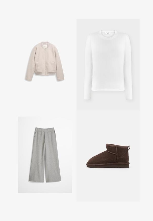 Veste beige clair zippée avec col, poignets et ourlet côtelés, dotée de deux poches devant et d'un tissu doux et texturé.; Chemise blanche à manches longues et col rond, ourlet droit, présentée sur fond blanc uni. Sans motifs ni fermetures visibles.; Pantalon gris clair à jambes larges avec ceinture élastique, en tissu tricoté doux, présenté sur un fond blanc uni.; Bianco BIASNOW - Boots à talons - dark brown