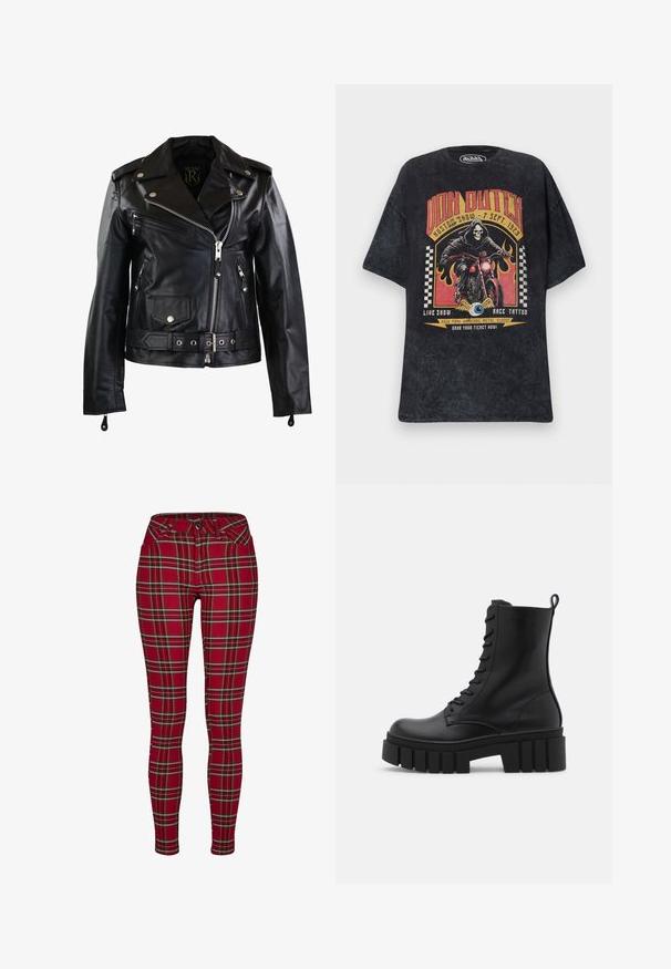 Ricano Leren jas - schwarz; Zwart Von Dutch T-shirt met een afbeelding van een skelet dat op een motor rijdt, vlammen, geruite vlaggen en evenementdetails in rood en geel.; Rode geruite skinny jeans met een aansluitend ontwerp, voorzien van gele en zwarte lijnen, een knoopsluiting en standaard voorkeurluizen.; Zwarte leren enkelboot met een chunky, gegroefd zool, vetersluiting aan de voorkant en een trekband op een gladde witte achtergrond.