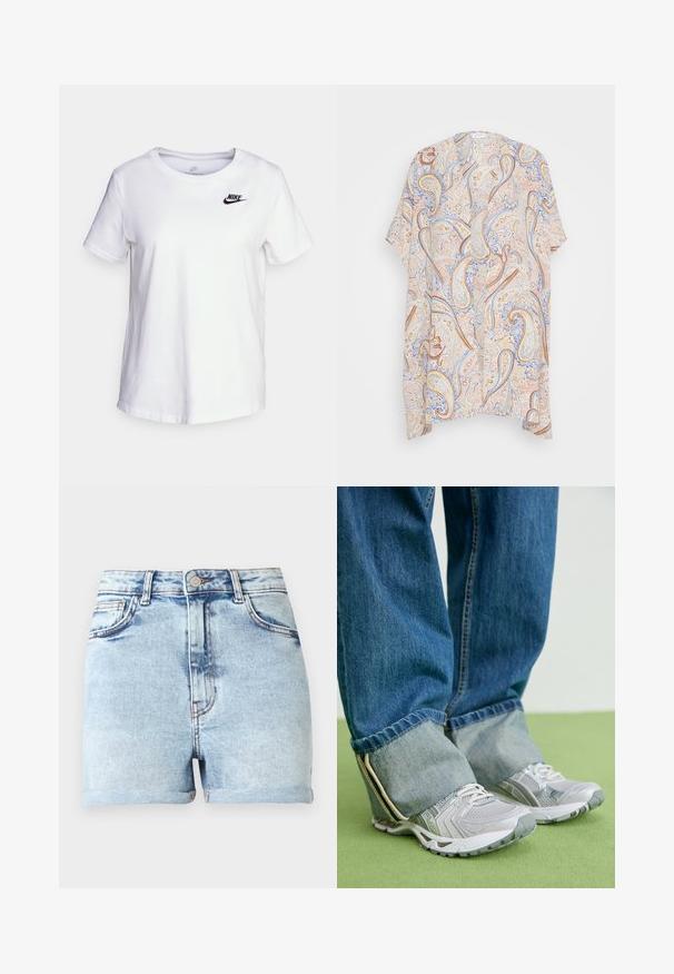 Kurzärmliger Kimono mit einem Paisley-Muster in Beige, Blau und Rost. Leichter Stoff, offenes Design und entspannter Schnitt.; Weißes Baumwoll-T-Shirt mit Rundhalsausschnitt und kurzen Ärmeln. Mit einem schwarzen Nike-Logo auf der oberen linken Brustseite.; Hellblaue Jeansshorts mit hohem Bund, fünf Taschen und umgeschlagenen Säumen. Verfügt über dezentes Verblassen und Beschläge in Kupferton.; Graue Turnschuhe aus Mesh-Material mit weißen Akzenten, kombiniert mit blauen Jeans, die an den Knöcheln umgeschlagen sind.