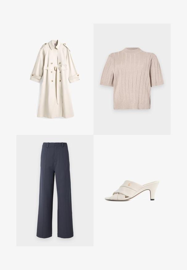 Lang beige trenchcoat med dobbeltradede knapper, skulderstropper, bælte i taljen med spænde og knapmanchetter.; Kortærmet beige sweater lavet af tekstureret strik. Har lodret ribbning og en høj halsudskæring. Blødt stof med subtil glans.; Bredde bukser i mørkegrå stof. Funktionen inkluderer en høj talje, frontplisseringer og en glat tekstur med bæltestropper.; Beige højhælede mules med et snoet læderstropdesign, åben tå og præget logoaccent. Hælen har en sort spidsdetalje.