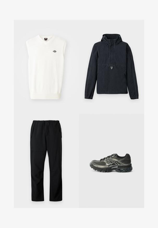 Schwarze Kapuzenjacke mit langen Ärmeln, elastischen Bündchen, einer vorderen Klapptasche und einem kleinen gestickten Logo mittig vorne.; Weißer ärmelloser Pullover mit V-Ausschnitt, geripptem Saum und kleinem schwarzem Logo auf der linken Brust, aus weichem Strickmaterial gefertigt.; Schwarze Freizeit-Hosen mit elastischem Bund, zwei seitlichen Taschen und einer mit Reißverschluss versehenen Oberschenkel-Tasche, flach auf weißem Hintergrund präsentiert.; Schwarzer und grauer Nike-Laufschuh mit Mesh-Obermaterial, gepolsterter Sohle, sichtbarer Luftpolsterung und Schnürsenkeln auf einem schlichten weißen Hintergrund.