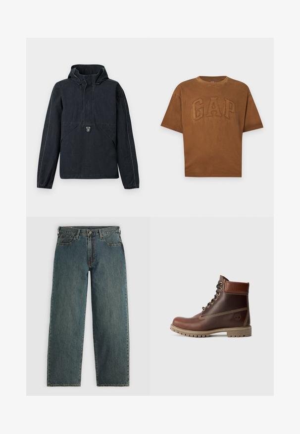 Sort hættetrøje med lange ærmer, elastiske manchetter, frontlomme med klap og et lille broderet logo midt foran.; Brun kortærmet T-shirt med hævede syede "GAP" bogstaver på forsiden, rund hals og afslappet pasform.; Mørkeblå straight-leg denim jeans med knap- og lynlås-lukning, forlommer og bæltestropper på en lys grå baggrund.; Brun læder snørebånd ankelstøvle med polstret krave, kontrastsyning og robust sål, vist fra ydersiden på en hvid baggrund.