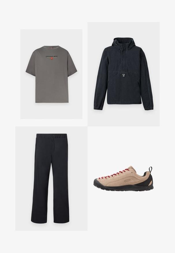 Veste noire à capuche avec manches longues, poignets élastiques, poche à rabat à l'avant et petit logo brodé au centre devant.; T-shirt gris à manches courtes avec le logo "OAKLEY" et un petit graphisme rouge centré sur la poitrine, présenté sur un fond blanc uni.; Pantalon noir à jambe droite avec ceinture élastique et un seul bouton au-dessus de la braguette à glissière, présenté à plat sur fond blanc.; Baskets basses en suede beige avec des lacets rouges, semelle en caoutchouc noir et accents en mesh près du talon pour la respirabilité et le confort.