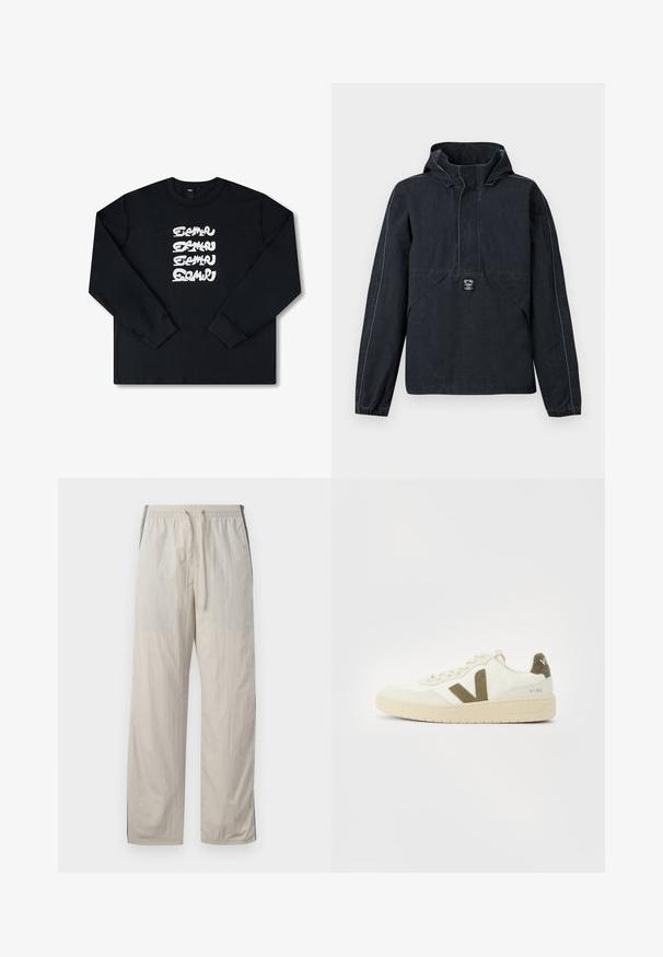 Sort hættetrøje med lange ærmer, elastiske manchetter, frontlomme med klap og et lille broderet logo midt foran.; Sort sweatshirt med lange ærmer, der har et hvidt gentaget grafisk logo i stiliseret skrifttype på forsiden. Fremstillet af blødt stof.; Beige, lette, snorebukser med elastisk talje, der har mørke sidedele og en løs, lige ben-design.; Beige sneakers med en struktureret stofoverdel, olivengrønne sideaccenter og en kraftig beige sål. Modelnavn "V-90" på hælen.