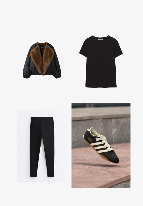 Schwarze Jacke mit großem braunem Kunstpelzkragen und Futter, langen gepufften Ärmeln und Fronttaschen.; Schwarzes, kurzärmliges Baumwoll-T-Shirt mit rundem Halsausschnitt, Standardpassform und sichtbarem innerem Nackenetikett.; Schwarze eng anliegende Leggings mit hohem Bund und glattem Stoff, flach auf einem weißen Hintergrund dargestellt.; Schwarzer Sportschuh mit cremefarbenen Streifen und Schnürsenkeln, mit niedrigem Profil, glatter Textur und einer Gummisohle für guten Halt. Markenlabel sichtbar.